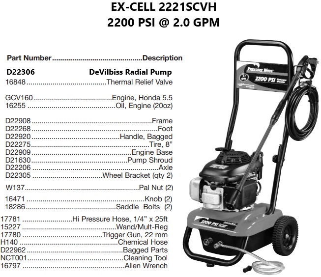 EX-CELL 2221SCVH power washer repair parts